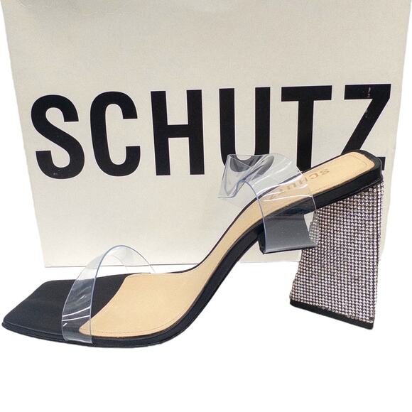 Schutz Ariellen Black Crystal Embellished Triangle Heel Vinyl Sandals 10.5 - Picture 1 of 7